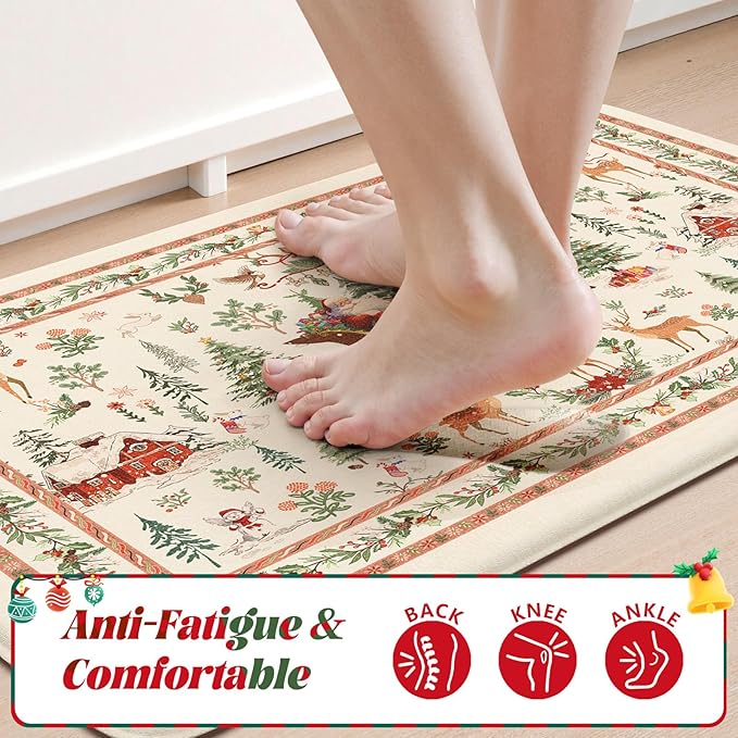 Collive Christmas Snowman Kitchen Floor Mats, Winter Xmas Tree Cushioned Anti Fatigue Kitchen Rugs 2 Piece Waterproof Elk Sled Sink Mat, Non Slip Foam Comfort Standing Desk Rug for Home Decor, Beige