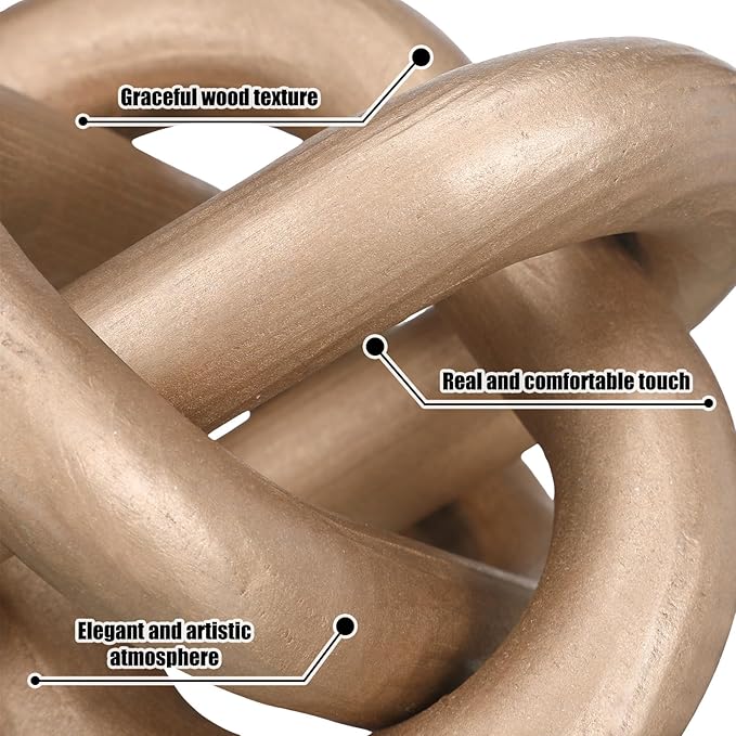 3 Link Wood Knot Decor - Hand Carved Coffee Table Decoration, Boho Chain Link Decor, Modern Shelf, Rustic Objects for Home Living Room Bedroom(Champagne)