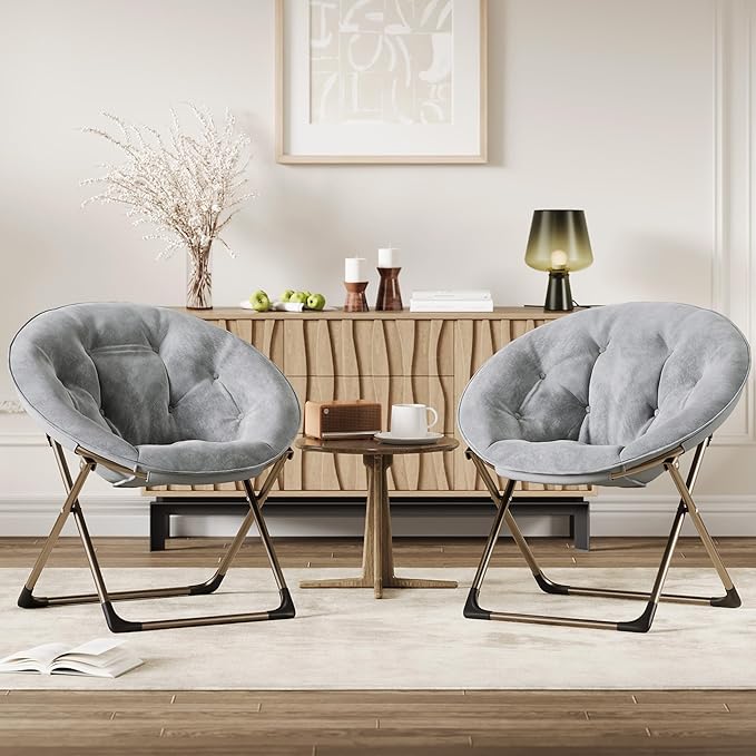 Comfy Saucer Chairs, Gray Folding Reading Lounge Chair, Cozy Faux Fur Living Room Chair with Soft Thick Padded Seat & Metal Frame, Modern Style Bedroom Home for Kids Adults, X-Large, Gold Legs