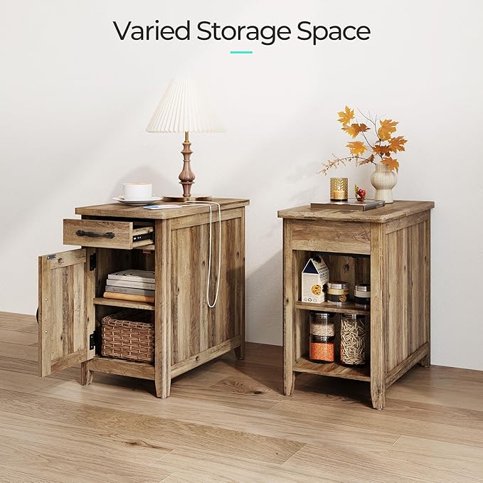 LINSY HOME End Table Set of 2 with Charging Station, Modern Farmhouse Sofa Couch Side Table, Wooden Bedside Table for Living Room Bedroom, Narrow Nightstand with Storage for Small Space, Brown
