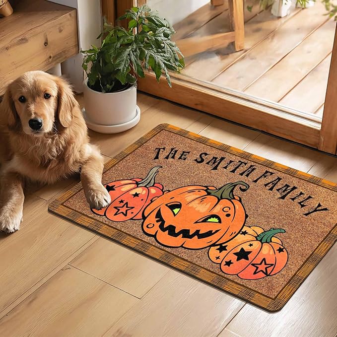InterestPrint Personalized Halloween Family Doormat with Name Pumpkin Pattern Custom Family Member Welcome Mat, Customized Halloween Door Mat with Name, Dog, Cat, Ghost Family Welcome Doormat