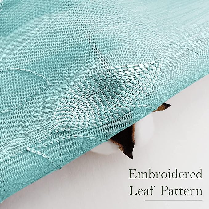 HOMEIDEAS Turquoise Aqua Sheer Curtains 52 X 63 Inches Length 2 Panels Embroidered Leaf Pattern Pocket Faux Linen Floral Teal Voile Window Drapes for Bedroom Living Room