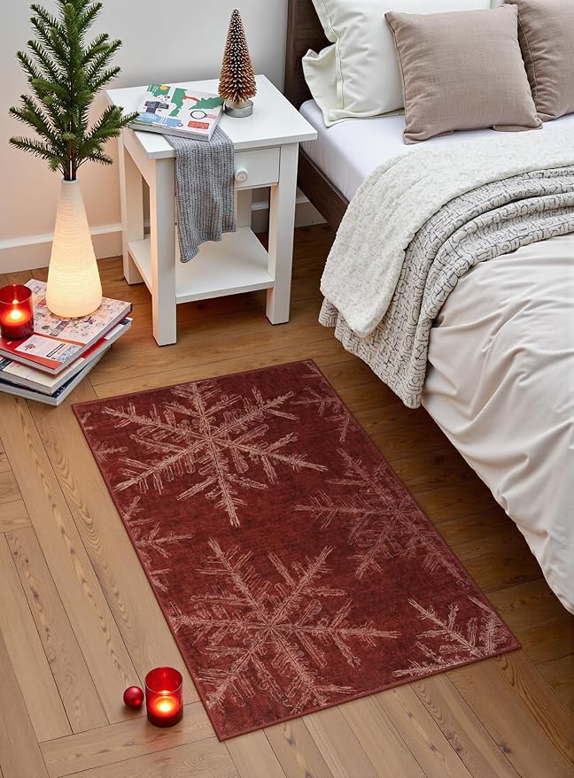 Lahome Christmas Rugs Indoor Kitchen Rug, 2x3 Red Christmas Snowflake Door Mat Washable Non Slip Entryway Rugs, Soft Small Rug Holiday Decor Carpet for Entry Bathroom Bedroom(2x3ft,Red)