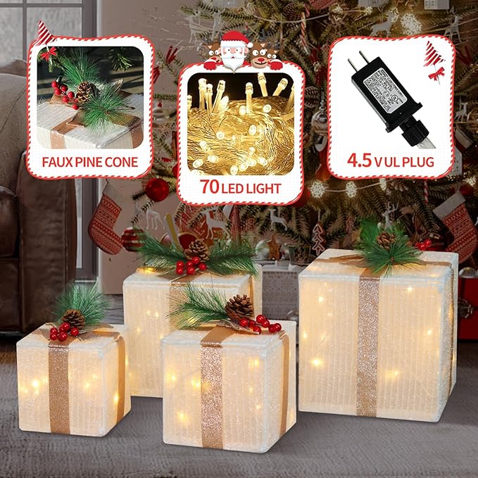 DomKom Set of 4 Christmas Lighted Gift Boxes, 70 Led Light Up White Iron Frame Present Box with Pine Cones Bows for Christmas Tree Party Yard Holiday Indoor Outdoor Decoration