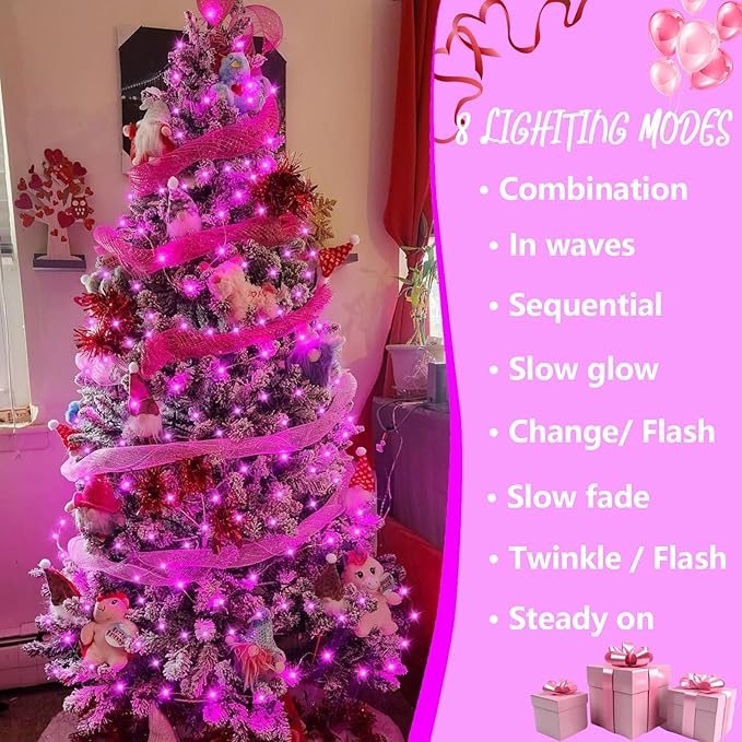 YEGUO Pink String Lights Outdoor Waterproof, 165ft 500 LED Christmas Lights Indoor, 8 Modes Clear Wire Fairy Light Plug in for Party Tree Valentines Wedding