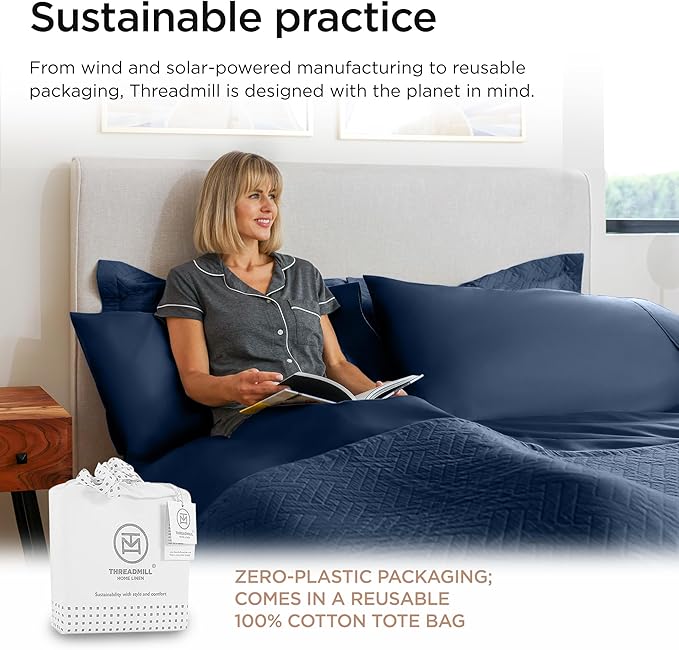 Threadmill Luxury 800 Thread Count California King 100% Cotton Sheets - Folkstone Blue Sateen Weave Bed-Sheets, Better Than Egyptian Cotton, 4 Pc Solid Bed Set, Fits 16" Deep Pocket