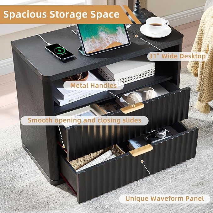 LEYAOYAO 31" Wide Fluted Nightstand with Charging Station, Oversized Extra Large 2 Drawers Night Stand,Black Wood Bedside Table,Tall Bed Side End Tables,Modern Chest of Drawers Dressers for Bedroom
