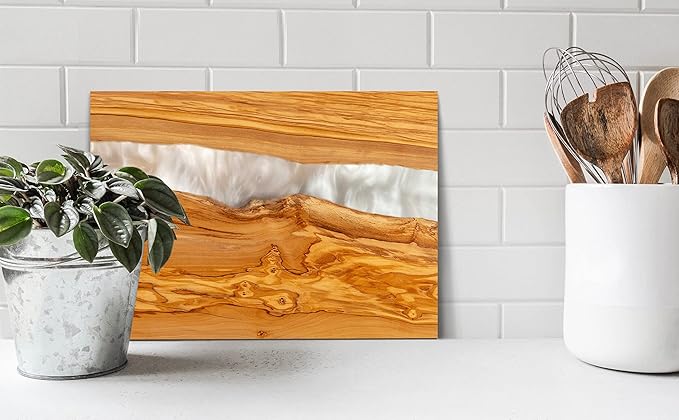 Handcrafted Italian Olive Wood Cheese & Charcuterie Board Set with Unique White Pearl Resin Artwork - Cutting Board Comes with 4 Cheese Knives, 2 Dipping Bowls & Corkscrew Wine Opener (White Pearl)