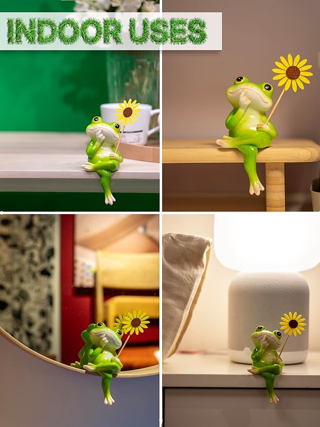 Frog Figurine, Funny Frog Statue with Removable Flower, DIY Customizable Office Home Decor for Living Room Shelf Desk Accessories, Outdoor Yard Garden Decorations, Birthday Gifts for Women