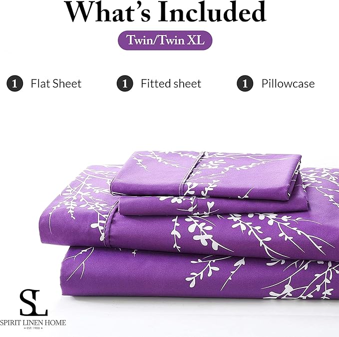 Spirit Linen home Twin Sheets Sets - Pure Microfiber 3 Piece Polyester Bed Sheets, Fitted Sheet & Pillow Cases - Twin Sheets for All Seasons (Foliage Purple/White, Twin/Twin XL)