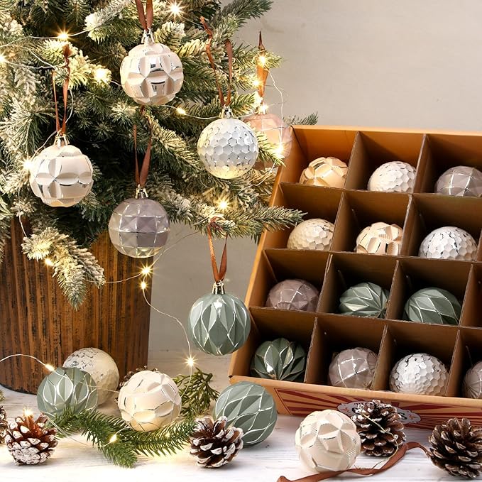 Syhood 24 Pcs Neutral Textured Christmas Ball Ornaments 2.4 Inch Vintage Xmas Tree Decorations Rustic Distressed Xmas Baubles Antique Farmhouse Modern Christmas Decor for Tree Home (Neutral)