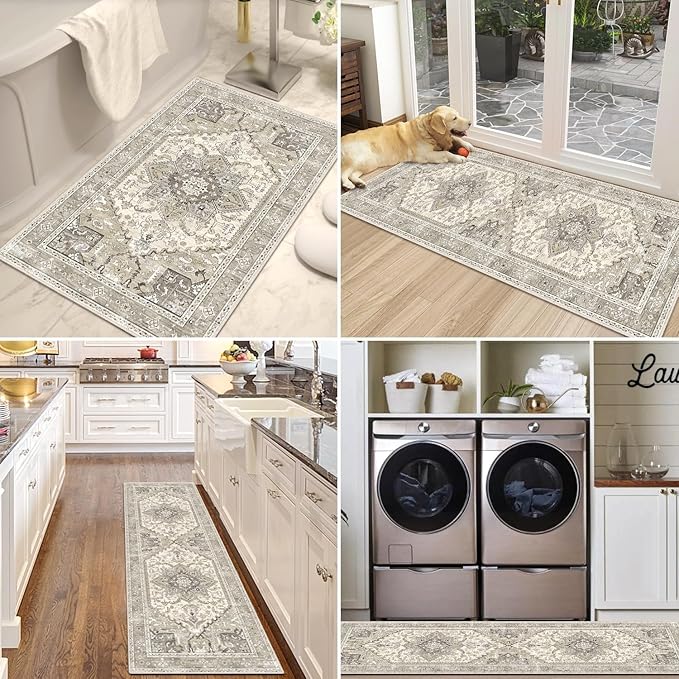 Yamaziot Boho Washable Kitchen Rugs Sets of 3, Non Slip Kitchen Mats for Floor with Rubber Backing, Waterproof & Stain Resistant Carpet Runner Throw Rug for Kitchen, Laundry Room, Hallway, Beige Grey