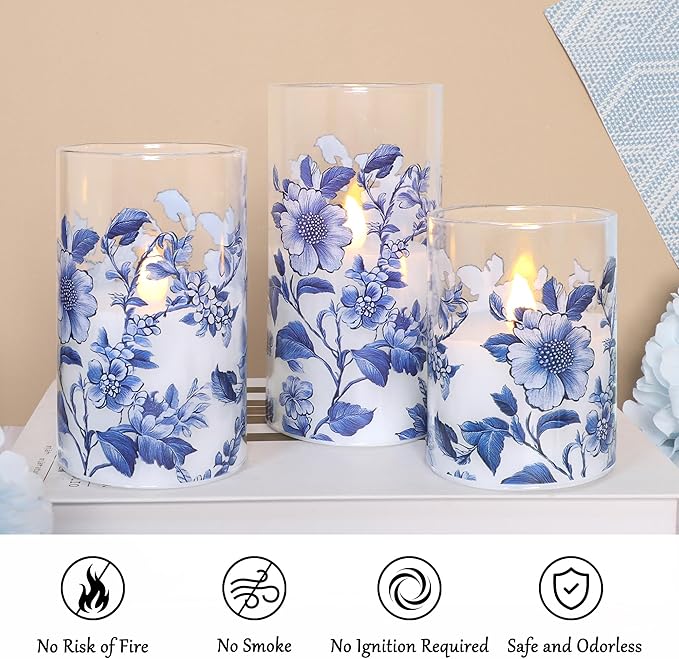 Flameless Candles Glass with Remote Control & Timer Function, Blue and White Porcelain Theme Design, Home Party Wedding Christmas Summer Decor, Set of 3