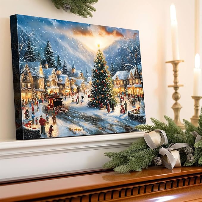 Vintage Christmas Country Canvas Wall Art, Framed Festive Santa Print Ready to Hang, Ideal Christmas Decorations for Home, Unique Holiday Gifts & Winter Decor