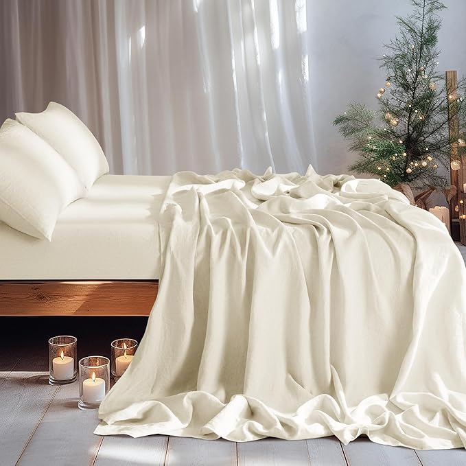 LBRO2M 100% Linen Sheet Set 16" Deep Pocket Queen Size,Bed Sheets 4 Piece Sets,Solid Color Natural Flax Bed Sheets Soft Breathable Bedding, All Season (Queen, Beige)