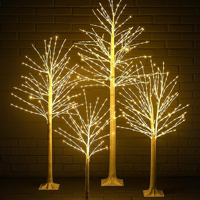 Baquler 4 Pack Lighted Birch Tree - Artificial LED Warm-White Light Birch Tree Decoration for Christmas Holiday Party Wedding Festival Decor, Indoor & Outdoor (4 5 6 8 ft)