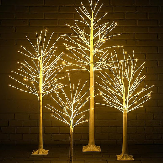 Baquler 4 Pack Lighted Birch Tree - Artificial LED Warm-White Light Birch Tree Decoration for Christmas Holiday Party Wedding Festival Decor, Indoor & Outdoor (4 5 6 8 ft)
