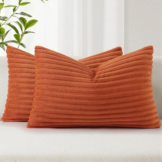 Simmore Decorative Fall Throw Pillow Covers 12x20 Set of 2, Soft Natural Plush Flannel Double-Sided Fluffy Lumbar Pillow Covers for Couch Sofa Living Room, Rust