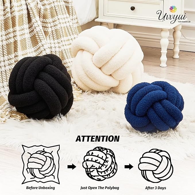 Uvvyui Knot Pillow Ball, Soft Home Decorative Pillows, Round Throw Pillow, Handmade Knotted Plush Pillow, Round Boucle Pillow Cushion (14 Inches Black)