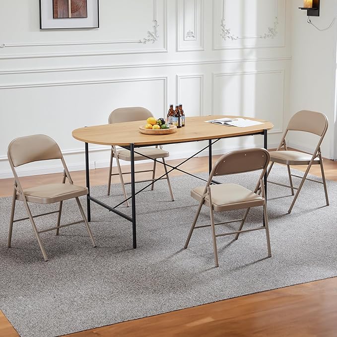 Sweetcrispy Folding Chair 4 Pack, Leather Padded Folding Chairs, Sturdy Metal Foldable Chairs, Easy to Use and Store, Outdoor and Indoor, for Home, Office, Party, Comfy, Kahki