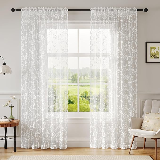 White Lace Sheer Curtains 84 inches Long – Vintage Branch Pattern for Living Room/Bedroom, Light Filtering Rod Pocket Drapes, Privacy Chic Window Treatments, 52W x 84L Inch, 2-Panel Set