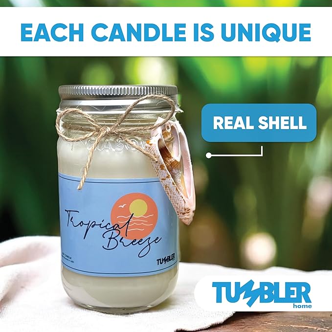 Tumbler Home Beach Candle, Large Scented Summer Candle, 100% Soy Wax, 90 Hour Burn, Mason Jar with Real Shell, Coastal Decor & Beach Themed Gift for Women, Made in USA, Tropical Fruits Fresh Air Scent