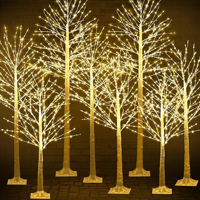 Baquler 8 Pack Lighted Birch Tree - Artificial LED Warm-White Light Birch Tree Decoration for Christmas Holiday Party Wedding Festival Decor, Indoor & Outdoor (4 5 6 8 ft)