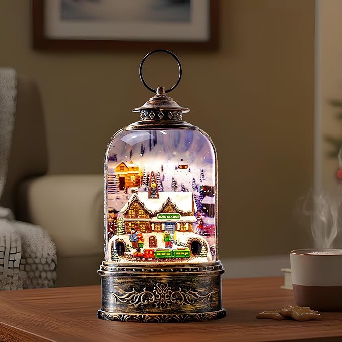 10.3" Christmas Snow Globe Water Lantern with Train Station Scene Battery Operated or USB Powered Musical Lighted Holiday Decoration for Tabletop Display for Family and Friends