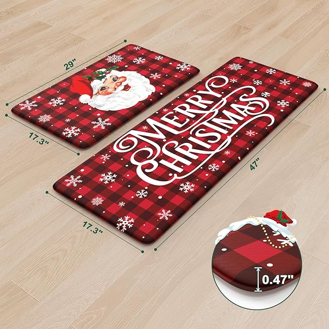 Christmas Kitchen Mats Cushioned Anti Fatigue, Santa Claus Farmhouse Kitchen Floor Mat Non Slip Kitchen Rugs Sets of 2, Buffalo Plaid Kitchen Sink Mats for Home Decor(Red & Black)