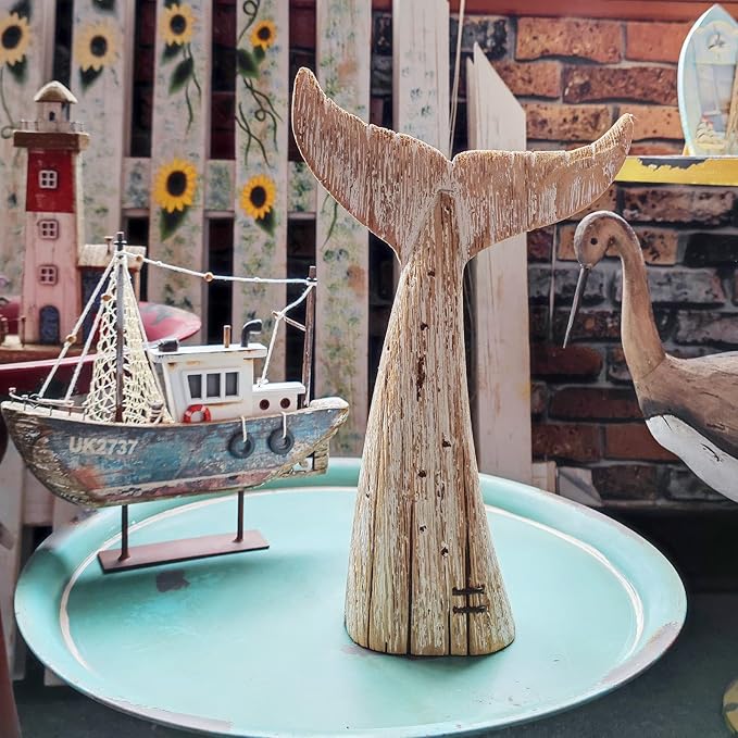 Rustic Wood Whale Tail Decor Tabletop Nautical Decor, Wooden Whale Tail Nautical Decoration Beach Themed Decoration Coastal Decor Whale Tail Decoration for Home Mediterranean Decor (13.6" H)