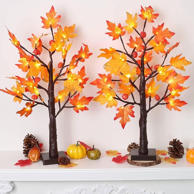 2 Pack 24 Inch Prelit Fall Maple Tree Decor with 48 LED Timer Fall Thanksgiving Decorations Battery Operated Lighted Pumpkin Acorn Maple Artificial Tabletop Tree Thanksgiving Table Decor Home Indoor