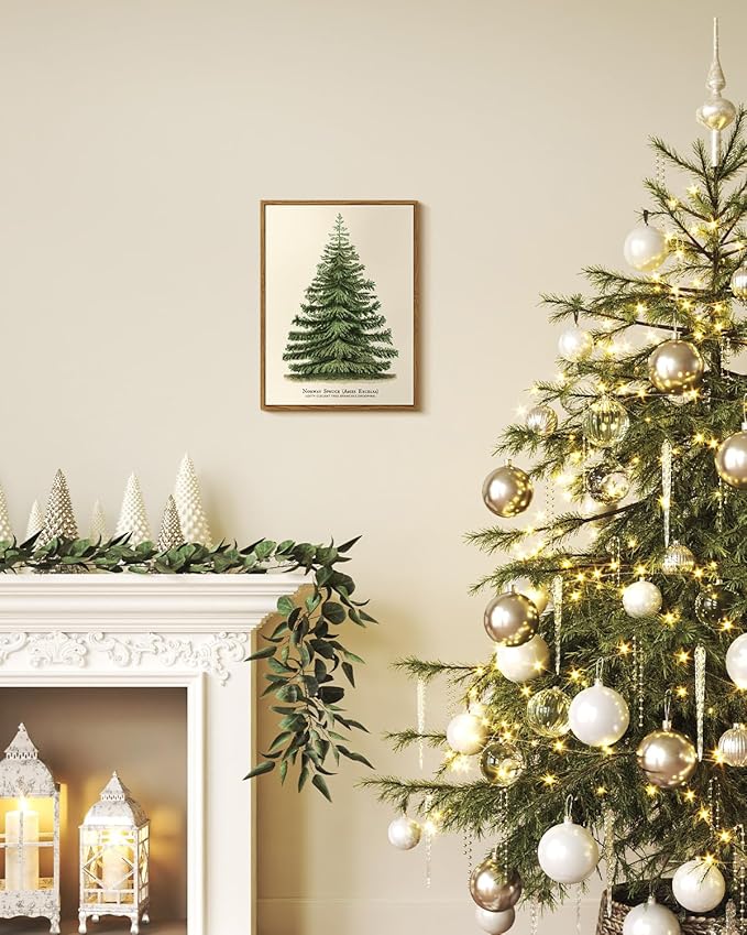 VIYYIEA Framed Canvas Wall Art, Vintage Christmas Decor, Living Room Botanical Fir Pine Tree Winter Decor for Bedroom Bathroom, Xmas Holiday Decorations Gifts, 12x16 Inch