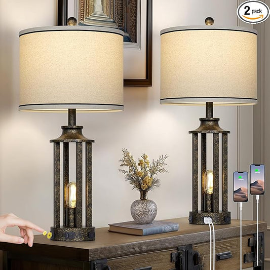 27.5" Bronze Farmhouse Table Lamps for Living Room, Tall Vintage Lamps Set of 2 with USB A+C Charging Port & AC Outlet, Rustic Bedside Lamp with Night Light, Bedroom Lamp for Nightstand Side End Table