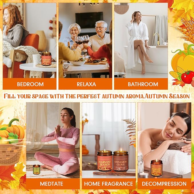 4 Pack Happy Fall Y'all Gifts Scented Candles Bulk 7 oz Soy Wax Autumn Fragrance Home Jar Candles Set with Gift Box 4 Harvest Scents for Fall Festival Thanksgiving Day Party Favors
