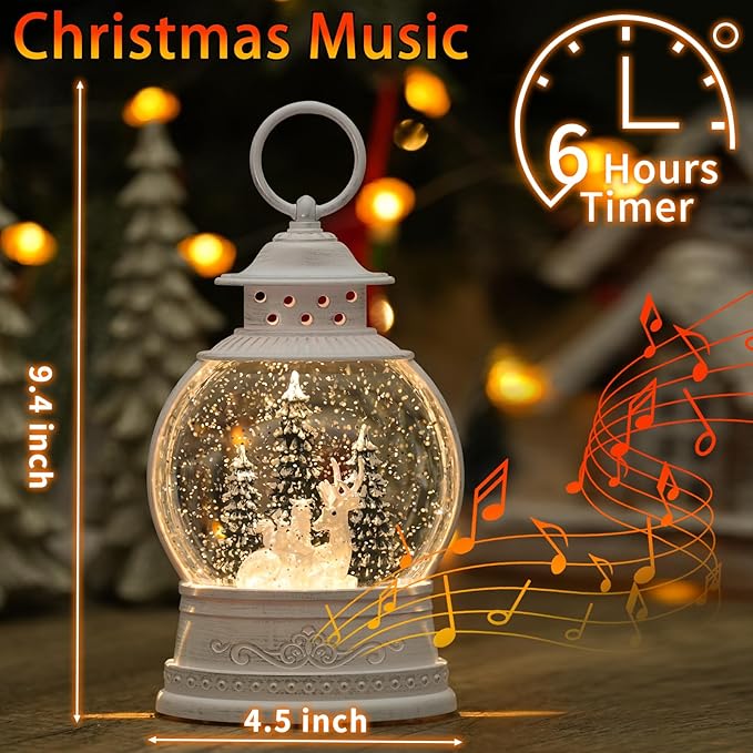 Christmas Deer Snow Globe, Musical Snow Globe Lantern with Swirling Glitter, Christmas Tree Reindeer Squirrels Owls USB & Battery Operated Light-Up Christmas Decorations Indoor for Home
