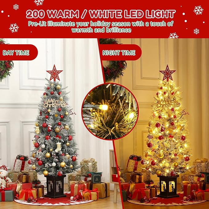 GarveeHome 4.5ft Pre-Lit Flocked Artificial Christmas Tree with Pine Cones, Artificial Xmas Tree w/ 386 Branch Tips & 200 Lights, Snowman Base for Home, Party Decoration,1 PCS