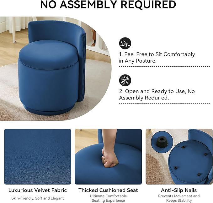 Velvet Vanity Chair with Storage, 360° Swivel Makeup Chair with Wave Back, No Assembly Small Accent Stool for Bedroom, Dressing, Living Room, Blue