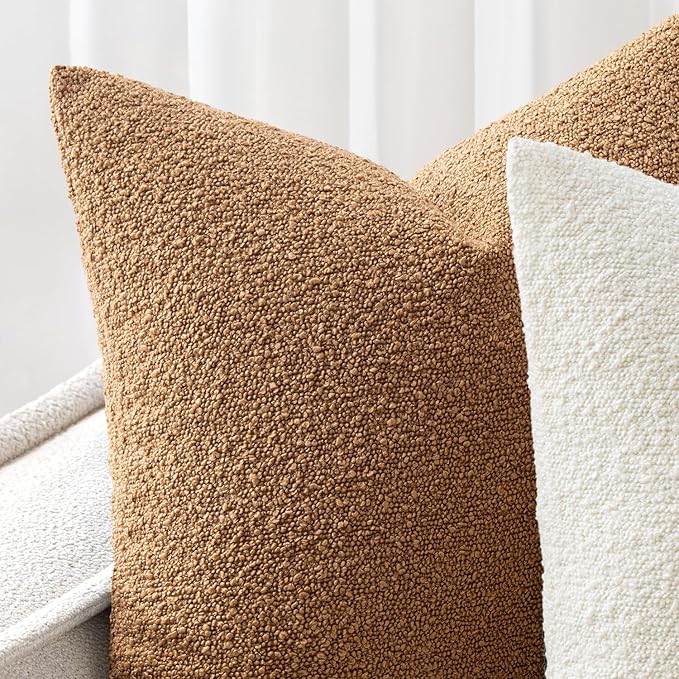 Woaboy Pack of 2 24x24 Inch Decorative Boucle Throw Pillow Covers Textured Square Pillowcaes Accent Euro Solid Cozy Soft Cushion Covers Home Decor for Sofa Couch Living Room Home Decor,Brown