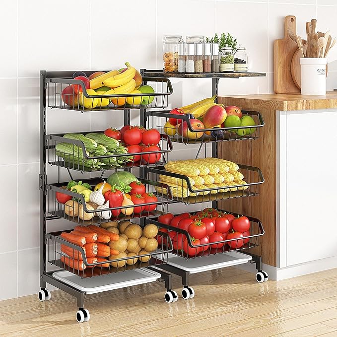 4-Tier Kitchen Snack Cart with Wheels – Versatile Rolling Storage Cart for Pantry, Utility Rooms – Adjustable Metal Wire Fruit & Vegetable Basket Rack (Black Without cart Handle, 4-Tier)