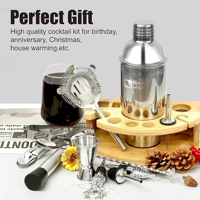 Cocktail Shaker Set Bartender Kit,Mixology Bartender Kit 13-Piece with Bamboo Stand,Professional Cocktails Kit with All Essential Accessory Tools for Drink Mixing Gift(with Silicone Pad)