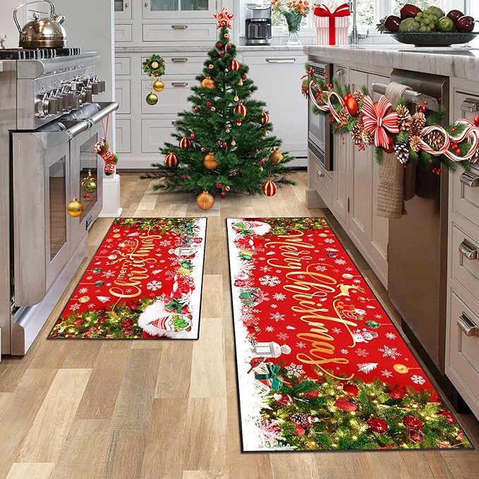 ACZHHZC Merry Christmas Kitchen Rugs and Mats Set of 2, Winter Snowflake Xmas Tree Holiday Home Kitchen Decor Floor Mats, Washable Non-Slip Sink Carpet (Christma 2, 17"x47"+17"x30")