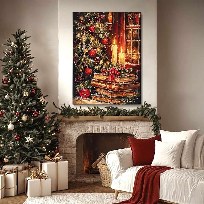 Vintage Christmas Wall Art Framed Canvas Print, Rustic Moody Bookshelf Still Life for Christmas Decorations, Dark Academia Holiday Gift Idea & Winter Library Study Room Decor