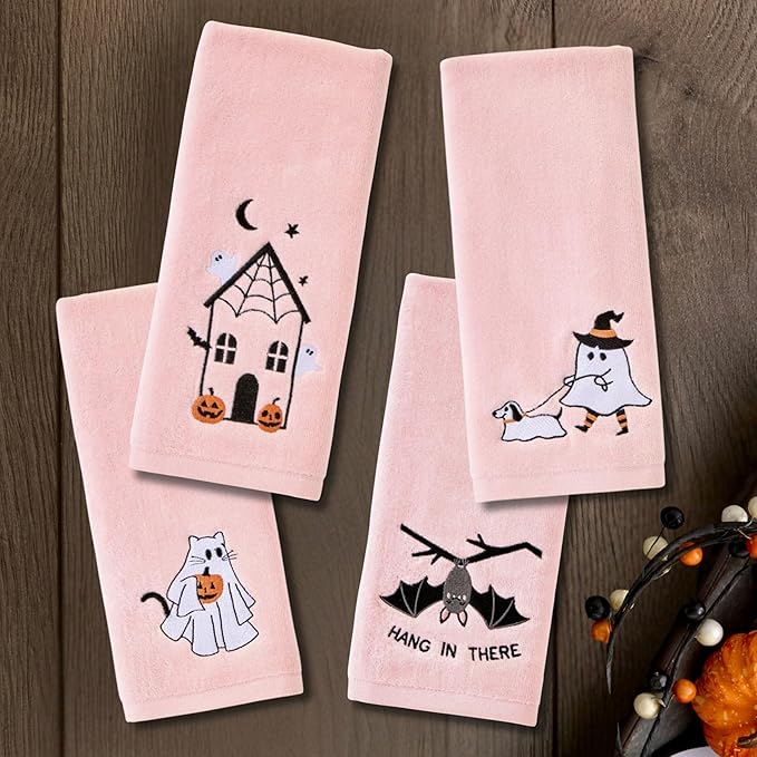 SKL Home Halloween Ghost Walking Dog 100% Cotton Embroidered 2pc Hand Towel Set, Decorative for Bath/Kitchen/Bar & Gift, Pink