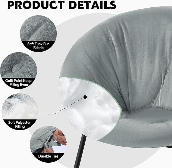 HOMBYS Extra Thick Saucer Chair Cushion Cover for Adults - Furry and Soft Round Moon Chair Cover for Indoor & Outdoor Use, Stretch and Elastic Closure, Removable and Machine Washable, Dark Gray