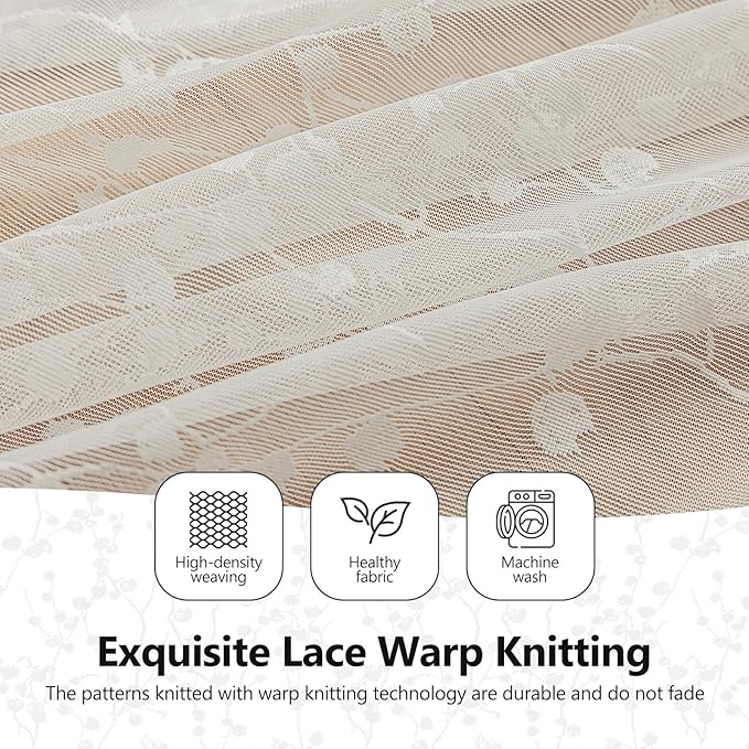 Ivory Lace Semi-Sheer Curtains – Vintage Branches Pattern for Bedroom/Bathroom, Light Filtering Rod Pocket Drapes, Privacy Chic Window Treatments Scalloped Hem, 52W x 72L Inch, 2-Panel Set