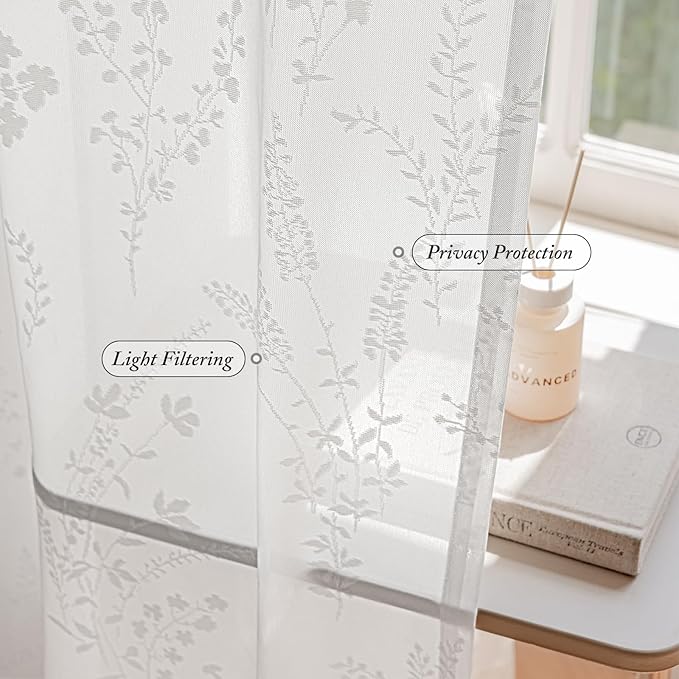 Anmao White Semi Sheer Light Filtering Extra Long Curtains 2 Panels, Flower Pattern Drapes for Living Room Bedroom, Rod Pocket Privacy Window Treatments with Floral Design, 52x108 Inch