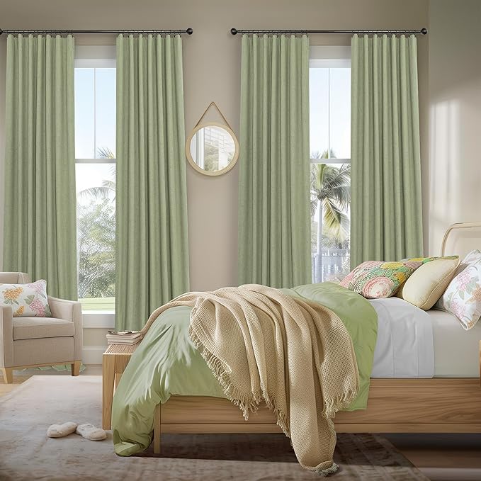 Sage Green Boho Blackout Curtains for Bedroom Window 84 Inch Length 2 Panels Set Linen Textured Thermal Insulated Dark Out Room Darkening Light Sage Curtain Drapes for Living Room 52x84 Long Christmas