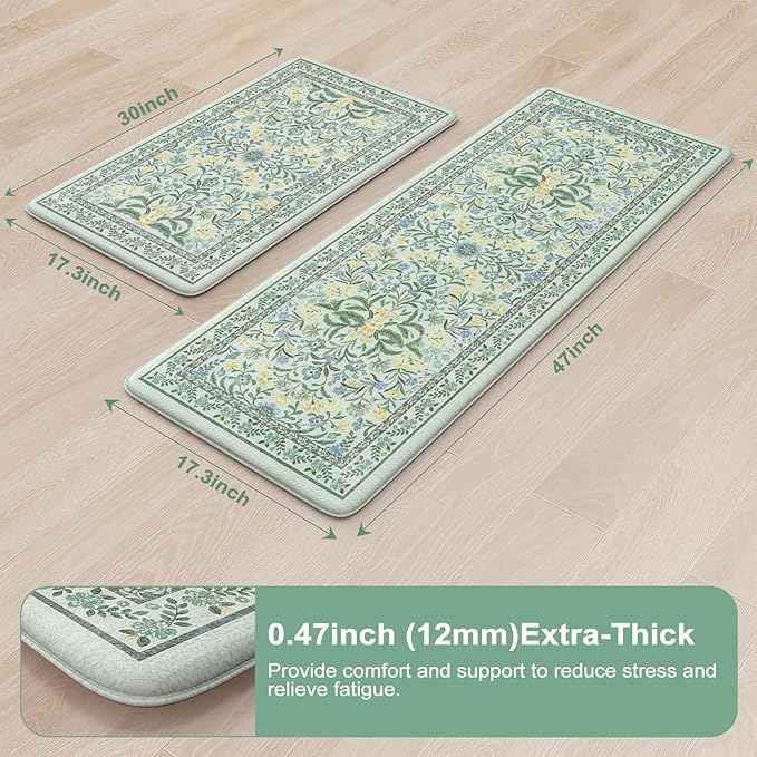 Collive Kitchen Mats for Floor 2PCS, Cushioned Anti Fatigue Mat Non Slip Waterproof Kitchen Rugs, Spring Floral Comfort Standing Rug for Home, Office, Sink, Laundry, 17"x30"+17"x47"