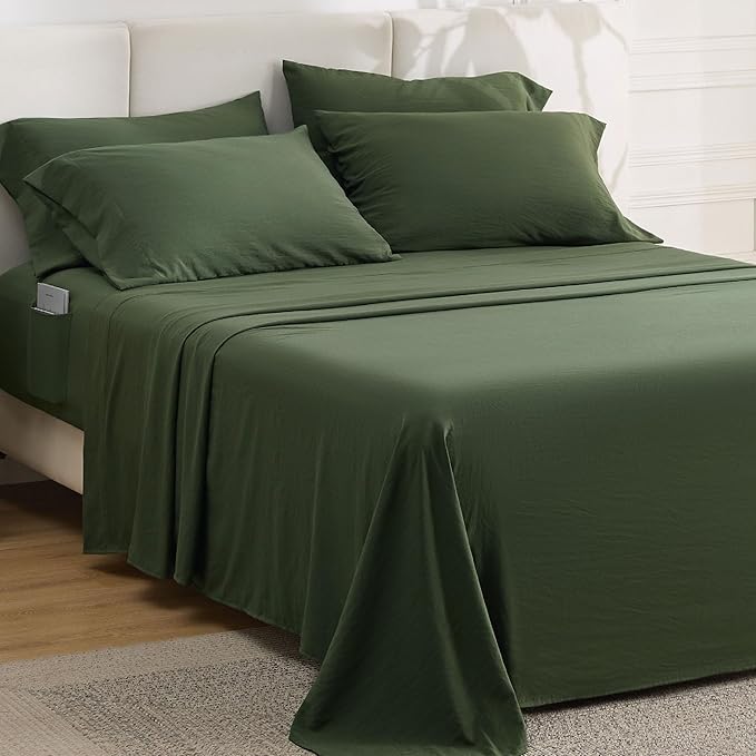 Bedsure Deep Pocket King Sheet Set - 6 Piece, Prewashed Ultra-Soft King Size Sheets Set, Fits Mattresses Up to 18 Inches Thick, Breathable & Secure Fit, Hotel Luxury Bedding, Olive Green
