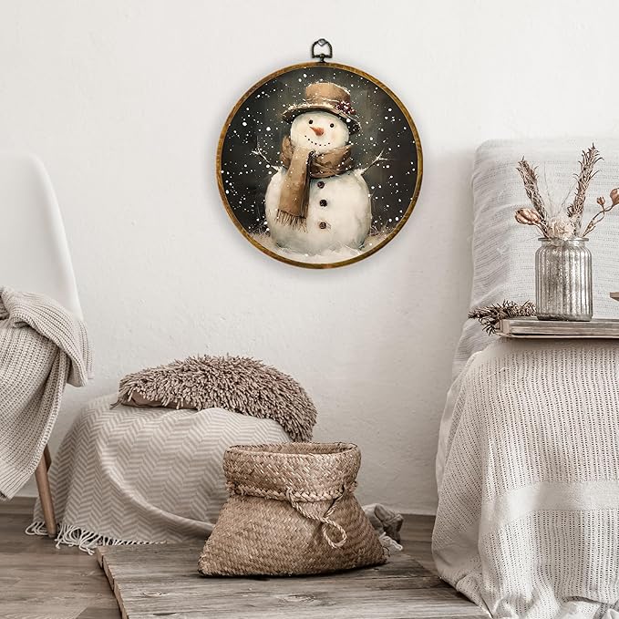 XPH Vintage Moody Christmas Snowman Round Wall Art Framed, Rustic Farmhouse Winter Circle Wall Decor, Cozy Winter Snowman Hanging Canvas Prints for Home Bedroom Living Room Decoration, 10x10 Inch